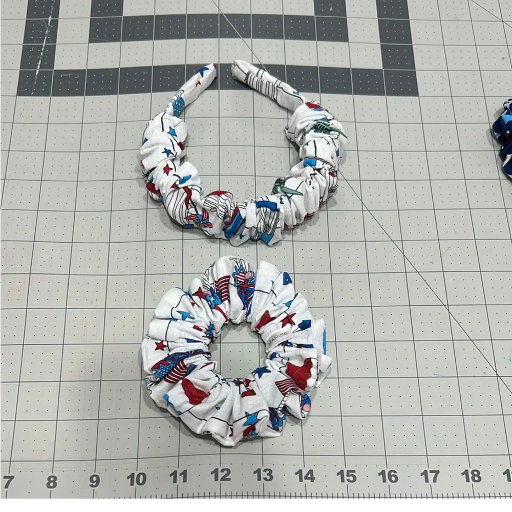 Patriotic Red and Blue Pattern Hair Scrunchies and Headband Set. Handmade.